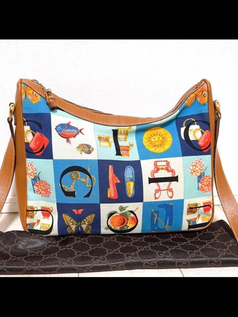 Gucci Blue Multicolor Patchwork Shoulder Bag with Tan Trim